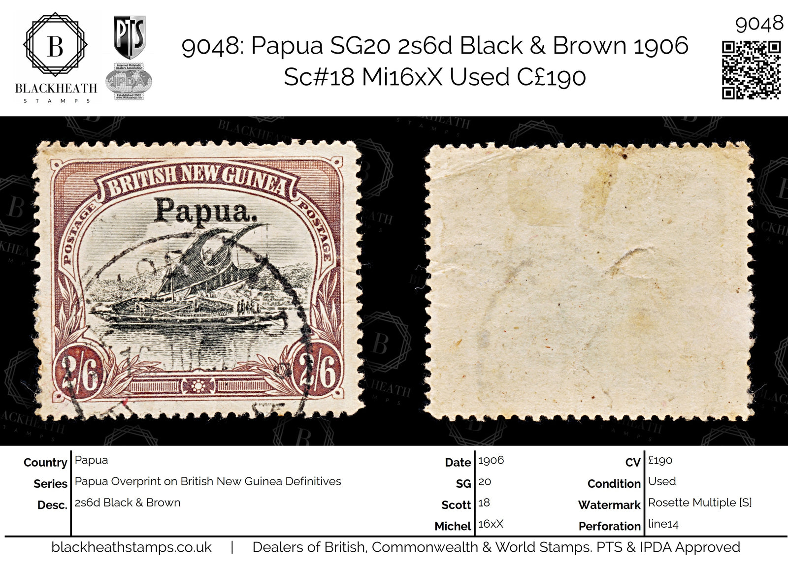 9048: Papua SG20 2s6d Black &  Brown 1906 Sc#18 Mi16xX Used C£190