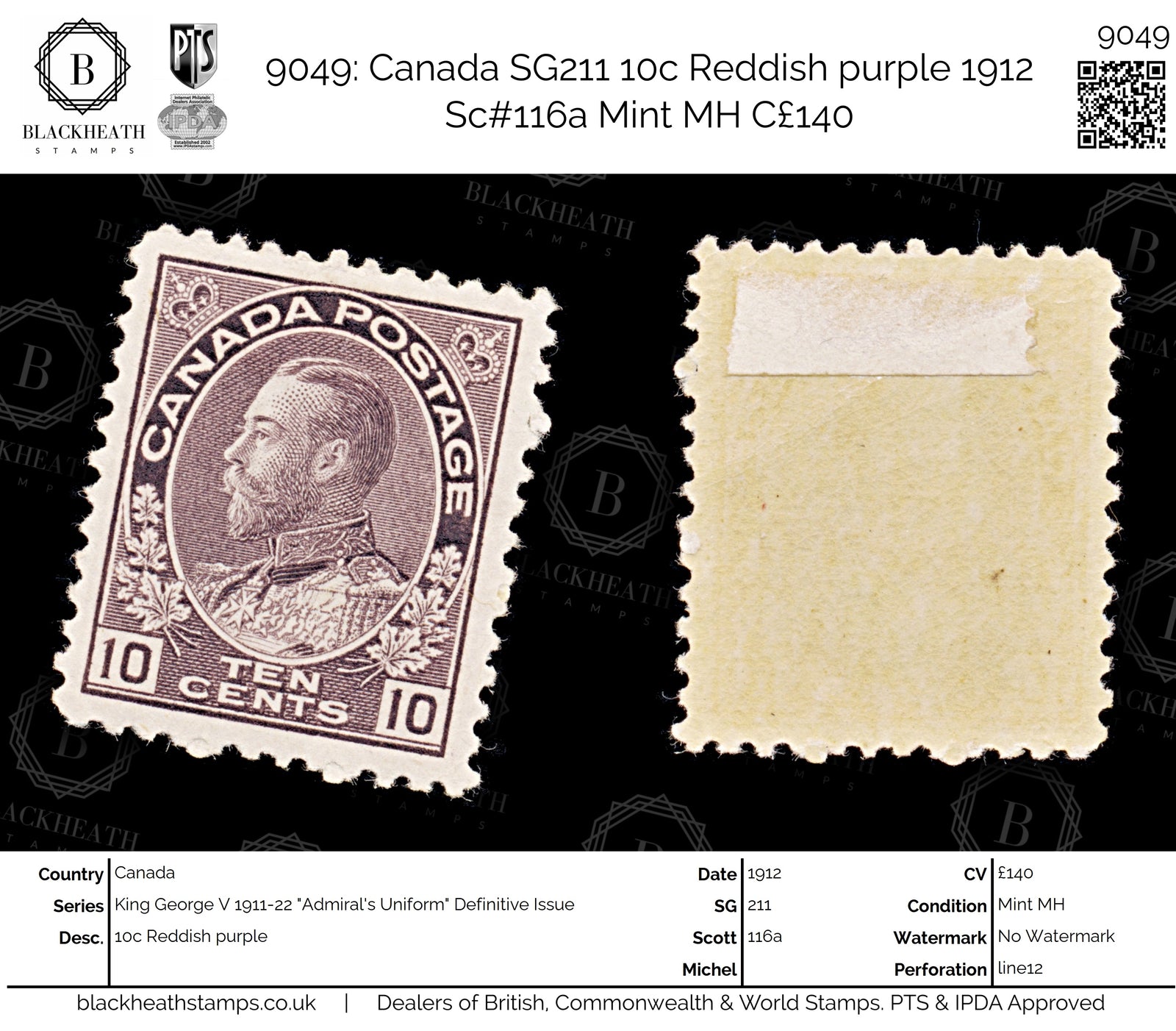 9049: Canada SG211 10c Reddish purple 1912 Sc#116a Mint MH C£140