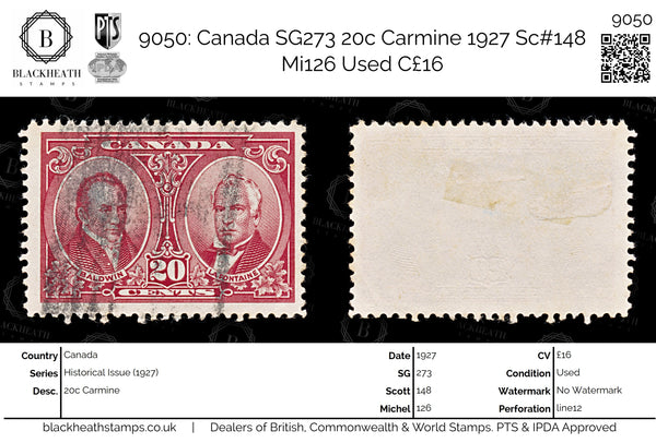 9050: Canada SG273 20c Carmine 1927 Sc#148 Mi126 Used C£16