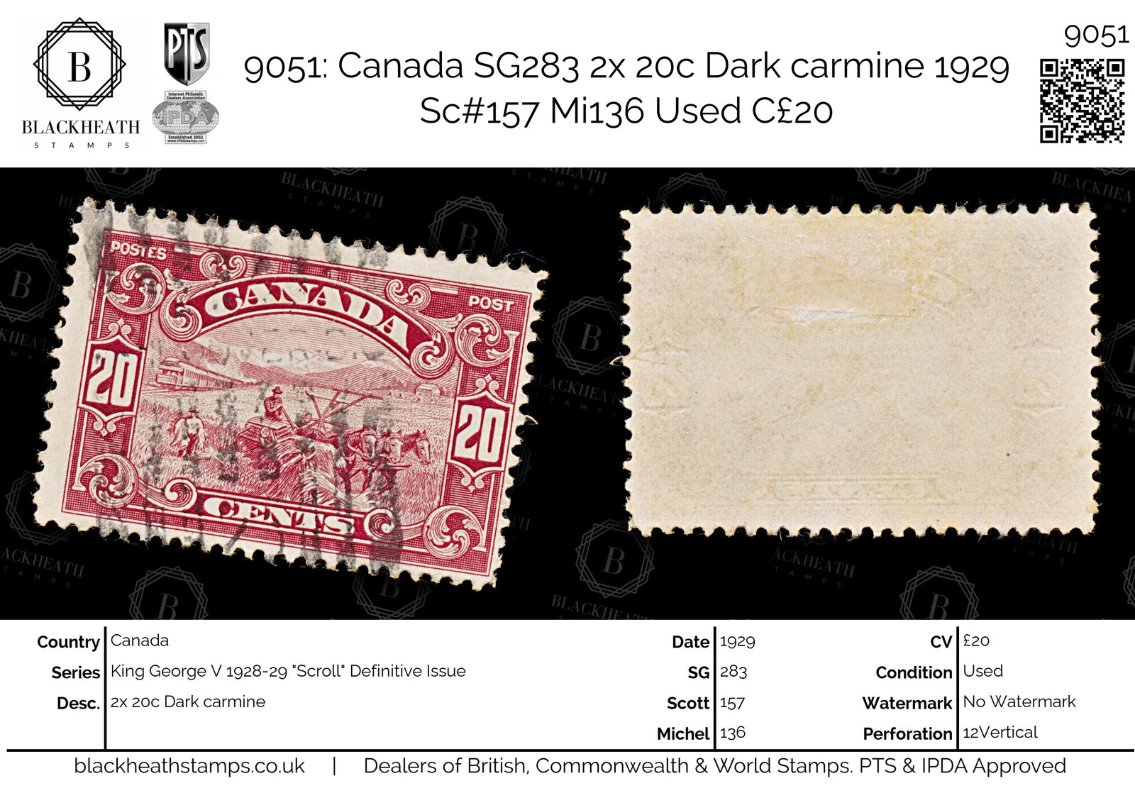 9051: Canada SG283 2x 20c Dark carmine 1929 Sc#157 Mi136 Used C£20