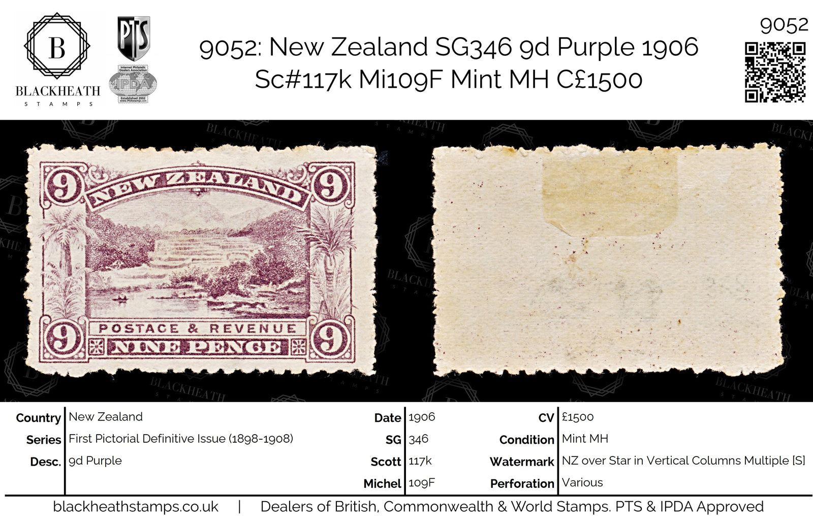 9052: New Zealand SG346 9d Purple 1906 Sc#117k Mi109F Mint MH C£1500