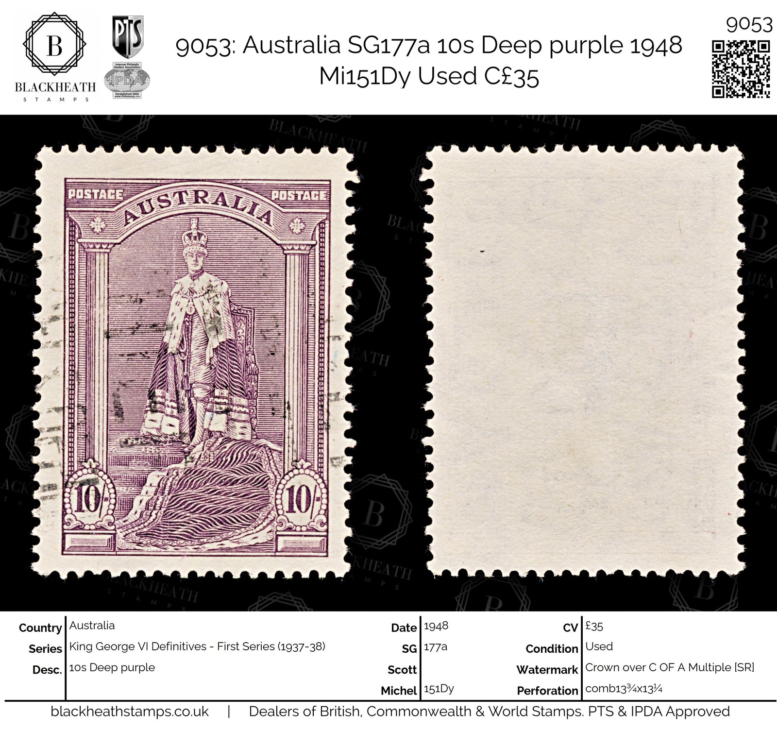 9053: Australia SG177a 10s Deep purple 1948 Mi151Dy Used C£35