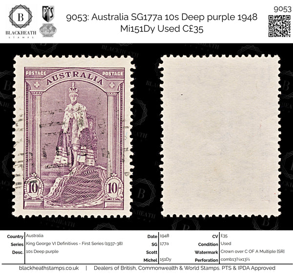 9053: Australia SG177a 10s Deep purple 1948 Mi151Dy Used C£35
