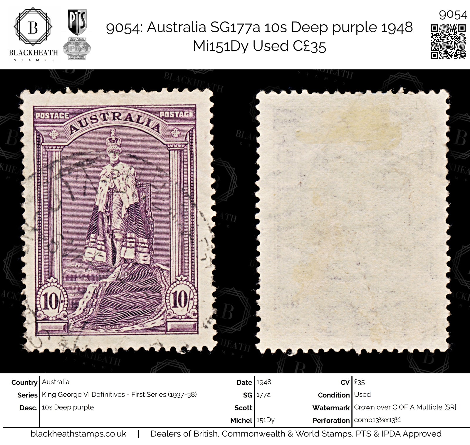 9054: Australia SG177a 10s Deep purple 1948 Mi151Dy Used C£35