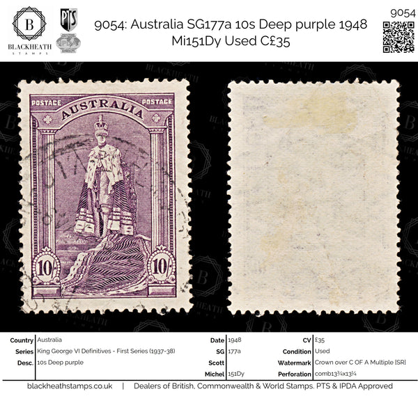 9054: Australia SG177a 10s Deep purple 1948 Mi151Dy Used C£35