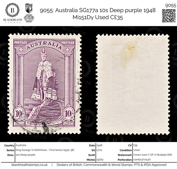 9055: Australia SG177a 10s Deep purple 1948 Mi151Dy Used C£35