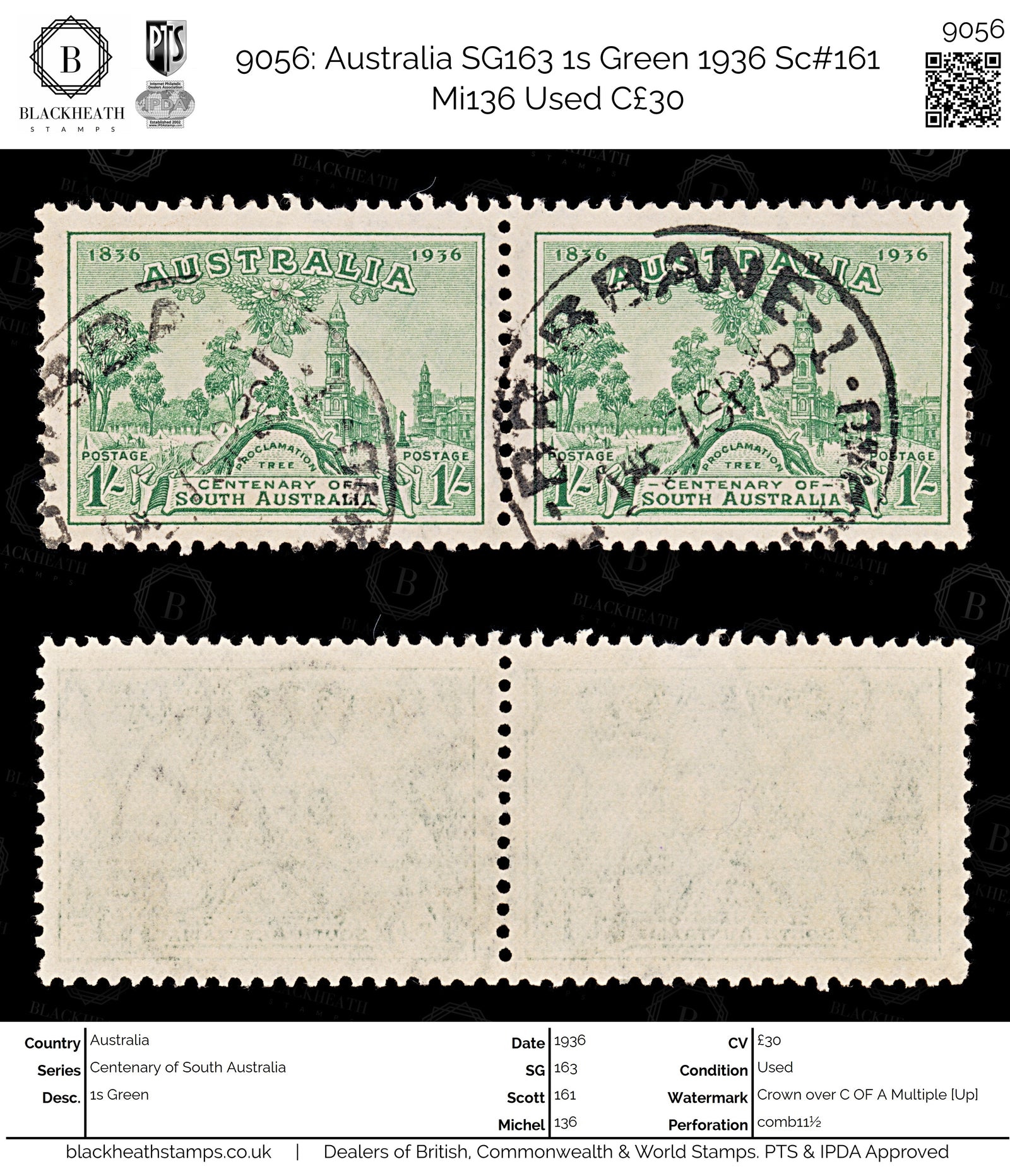 9056: Australia SG163 1s Green 1936 Sc#161 Mi136 Used C£30