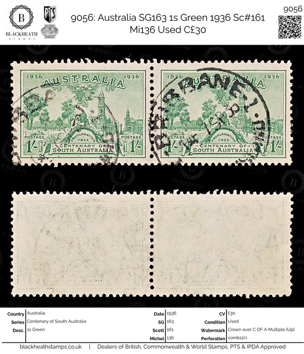 9056: Australia SG163 1s Green 1936 Sc#161 Mi136 Used C£30