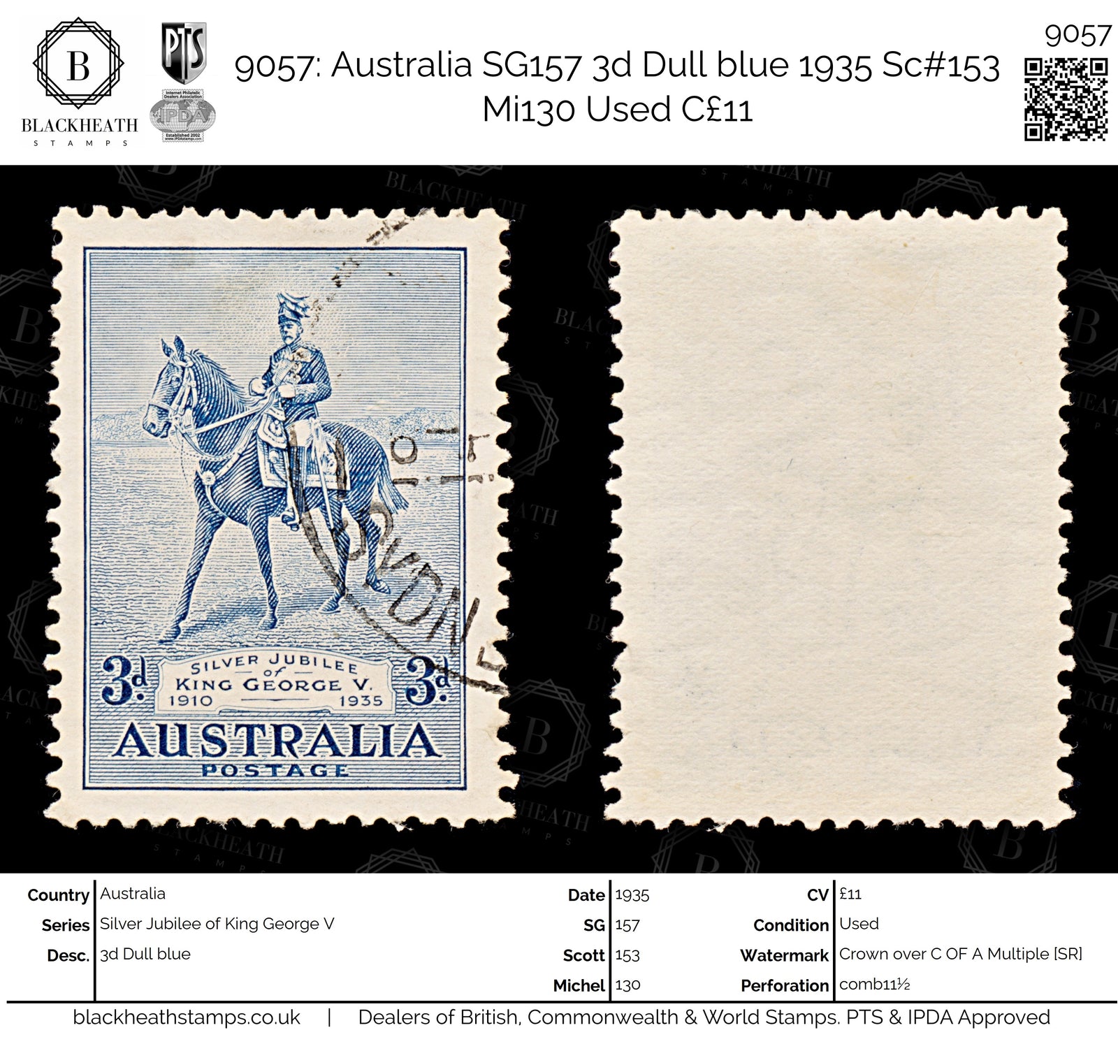 9057: Australia SG157 3d Dull blue 1935 Sc#153 Mi130 Used C£11