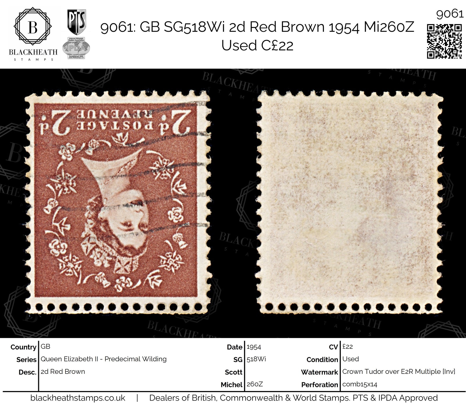 9061: GB SG518Wi 2d Red Brown 1954 Mi260Z Used C£22