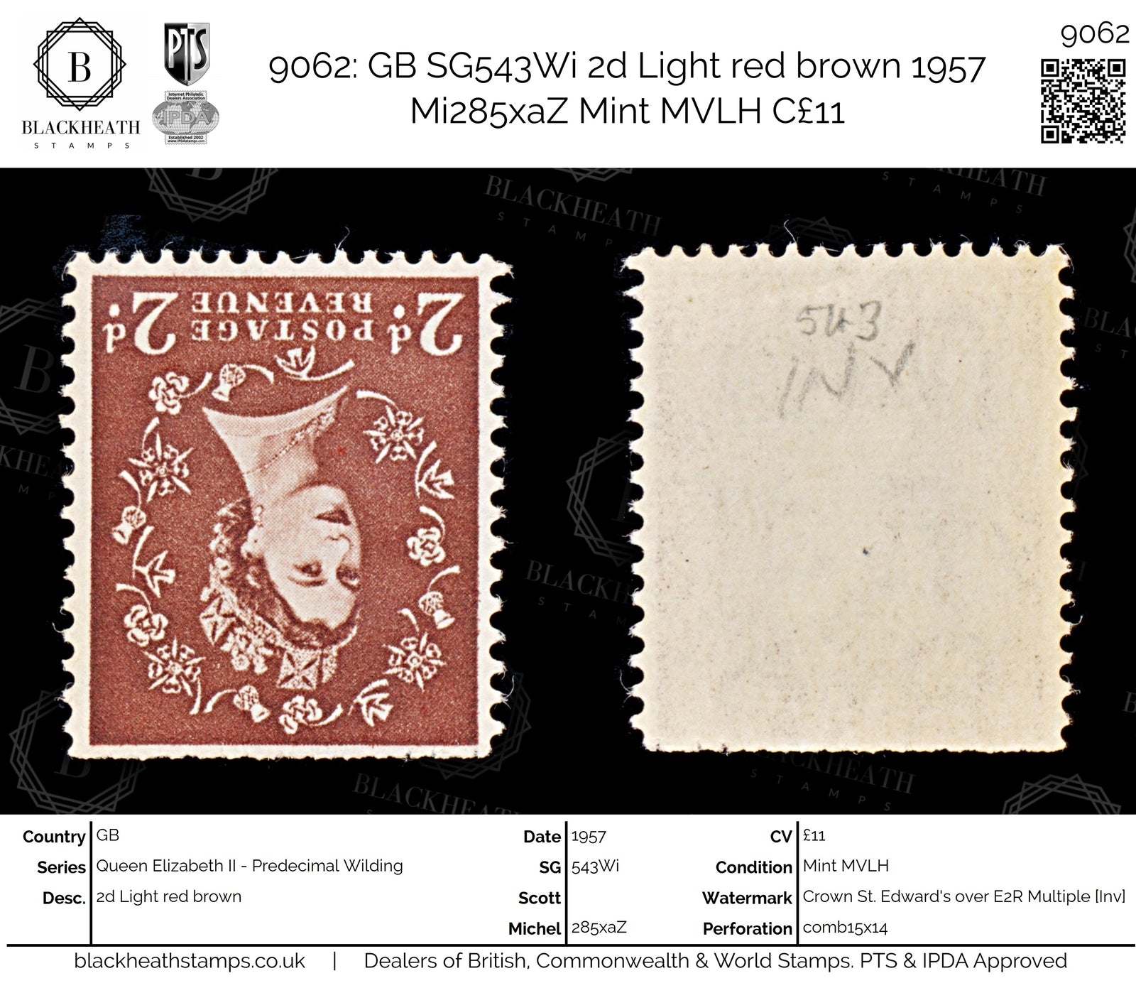 9062: GB SG543Wi 2d Light red brown 1957 Mi285xaZ Mint MVLH C£11