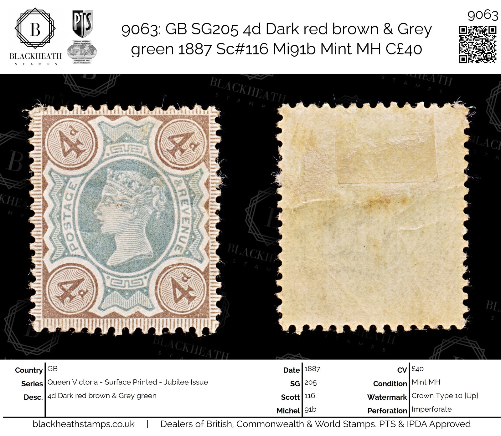 9063: GB SG205 4d Dark red brown &  Grey green 1887 Sc#116 Mi91b Mint MH C£40