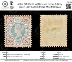 9063: GB SG205 4d Dark red brown &  Grey green 1887 Sc#116 Mi91b Mint MH C£40, view 1