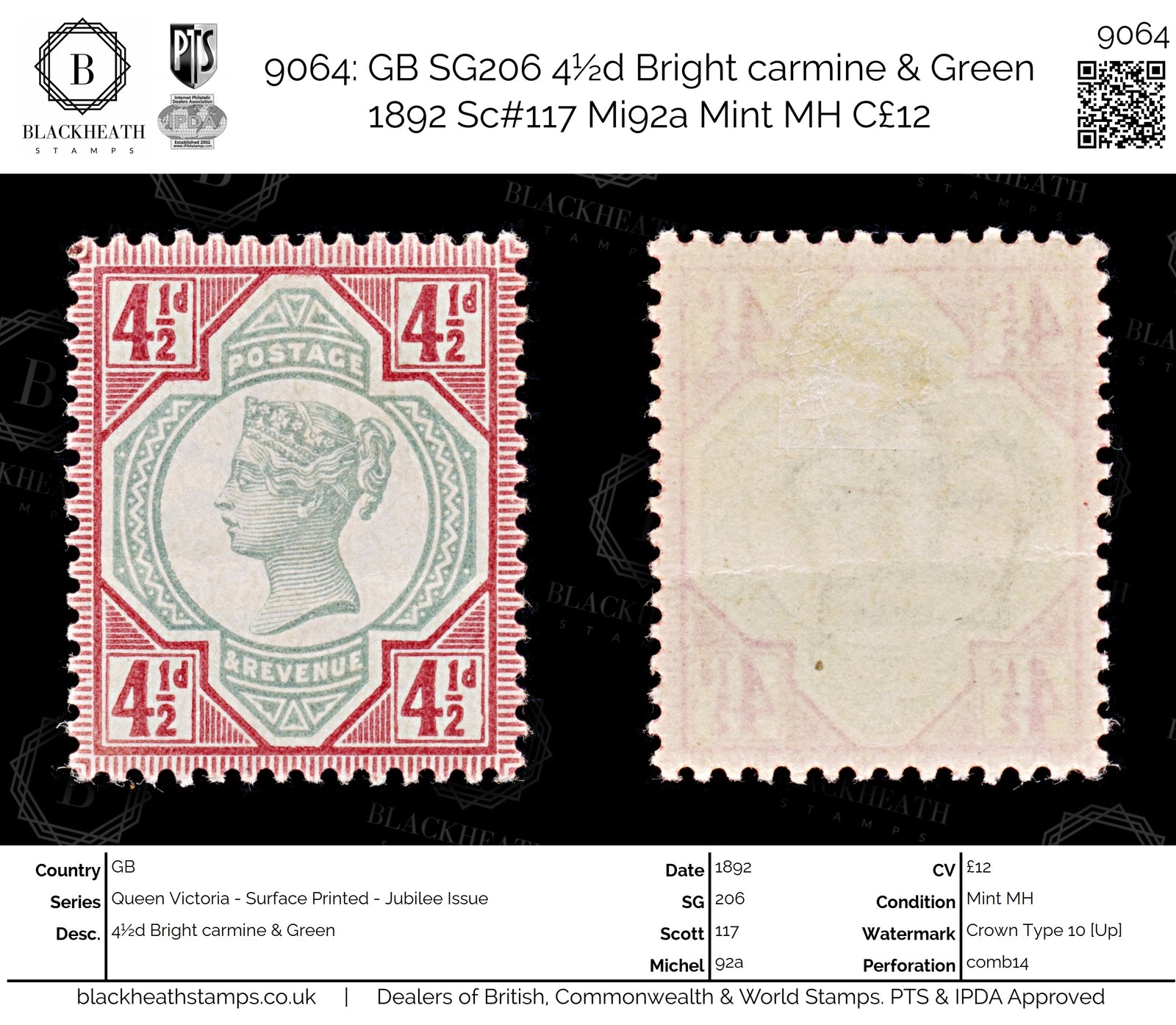 9064: GB SG206 4½d Bright carmine &  Green 1892 Sc#117 Mi92a Mint MH C£12