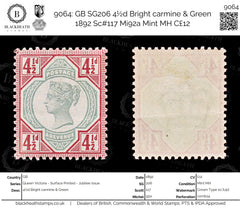 9064: GB SG206 4½d Bright carmine &  Green 1892 Sc#117 Mi92a Mint MH C£12, view 1