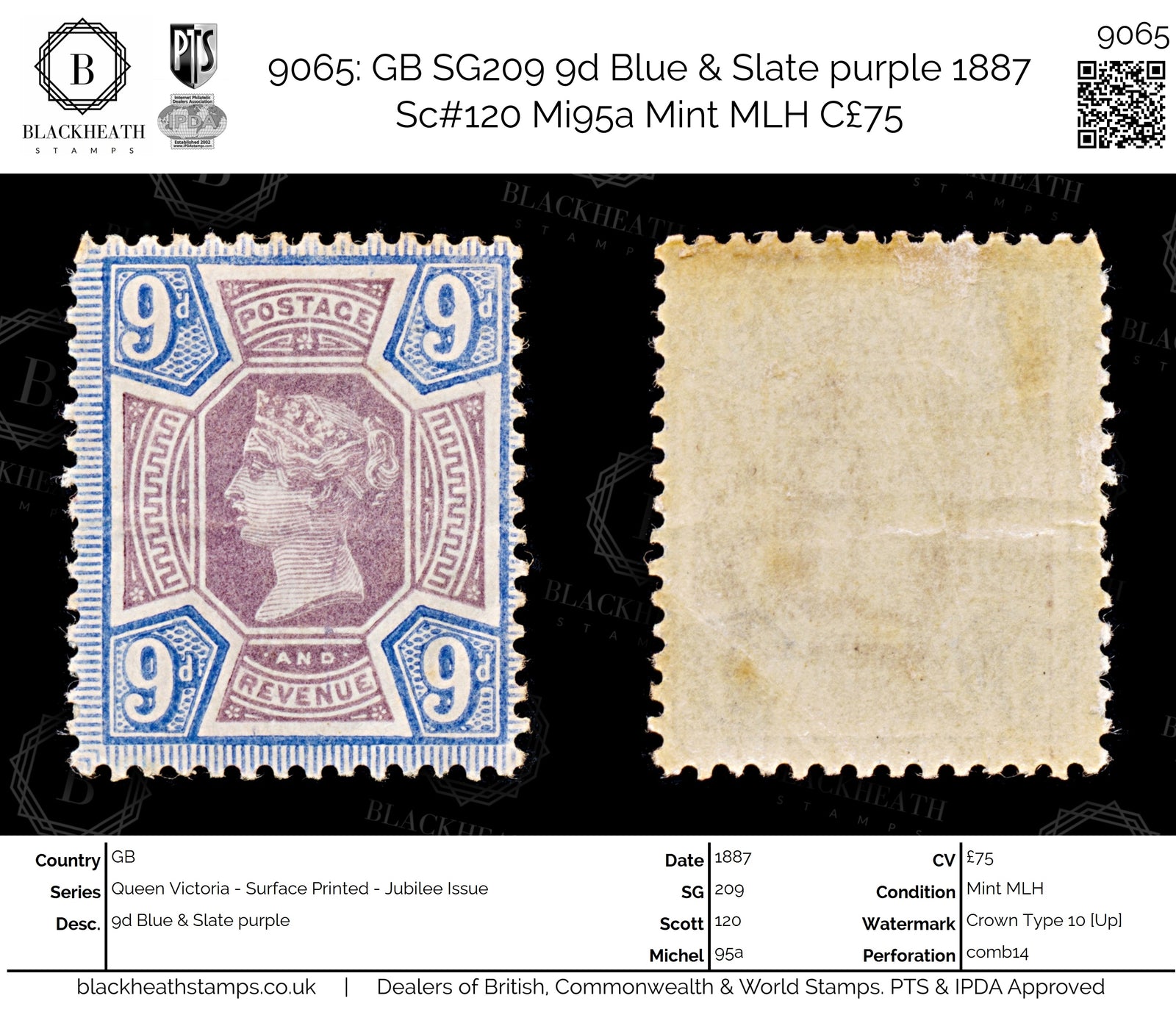 9065: GB SG209 9d Blue &  Slate purple 1887 Sc#120 Mi95a Mint MLH C£75
