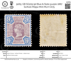 9065: GB SG209 9d Blue &  Slate purple 1887 Sc#120 Mi95a Mint MLH C£75, view 1