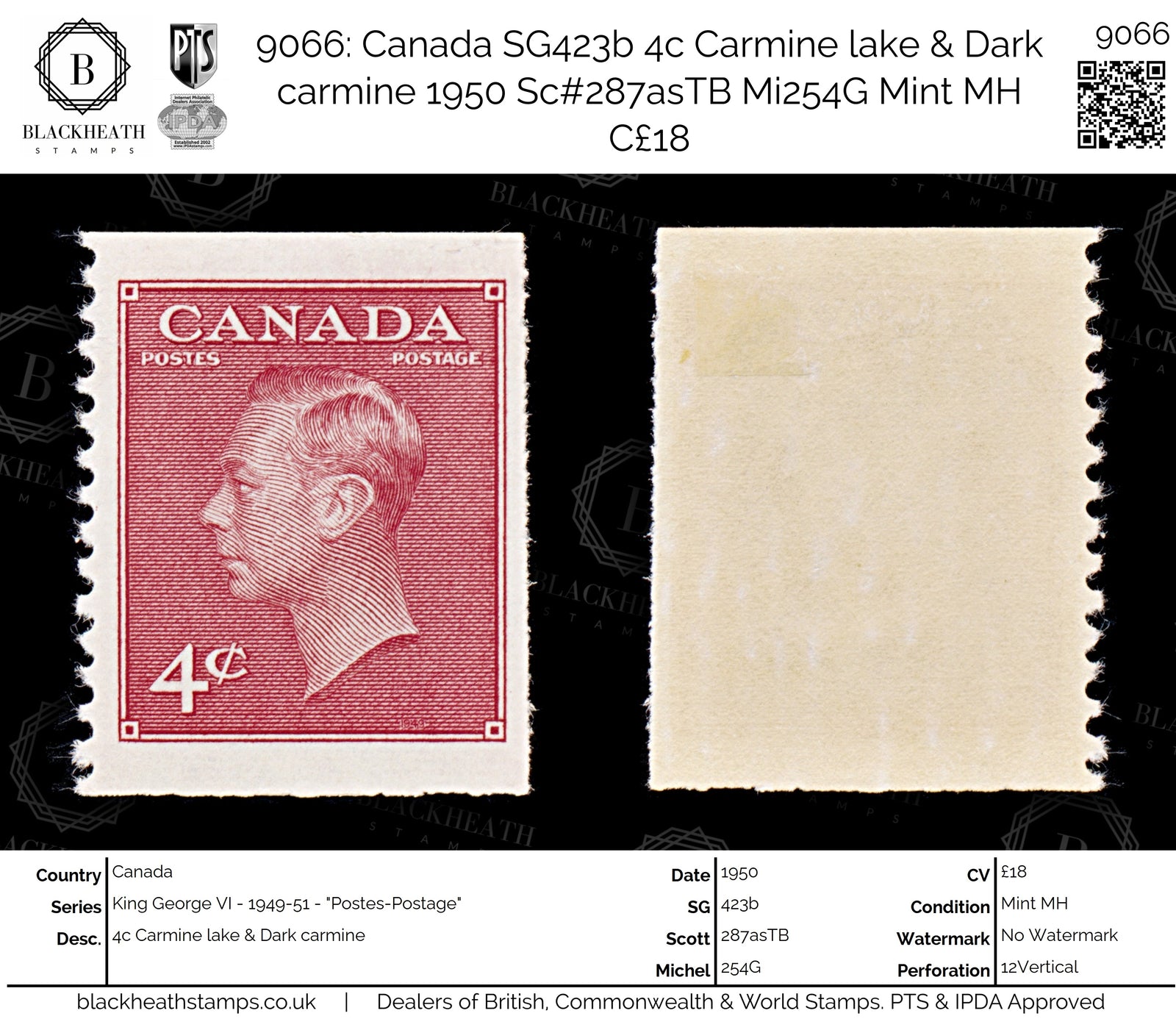 9066: Canada SG423b 4c Carmine lake &  Dark carmine 1950 Sc#287asTB Mi254G Mint MH C£18
