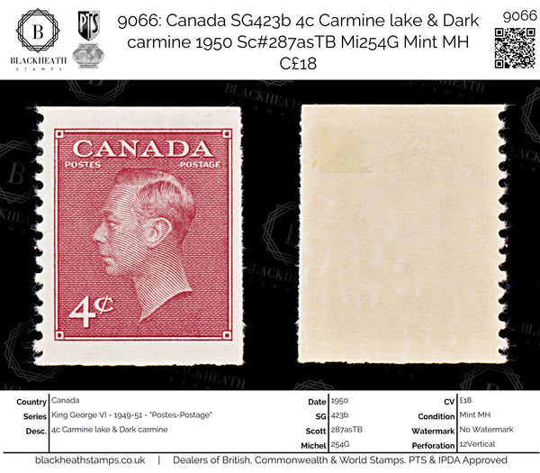 9066: Canada SG423b 4c Carmine lake &  Dark carmine 1950 Sc#287asTB Mi254G Mint MH C£18