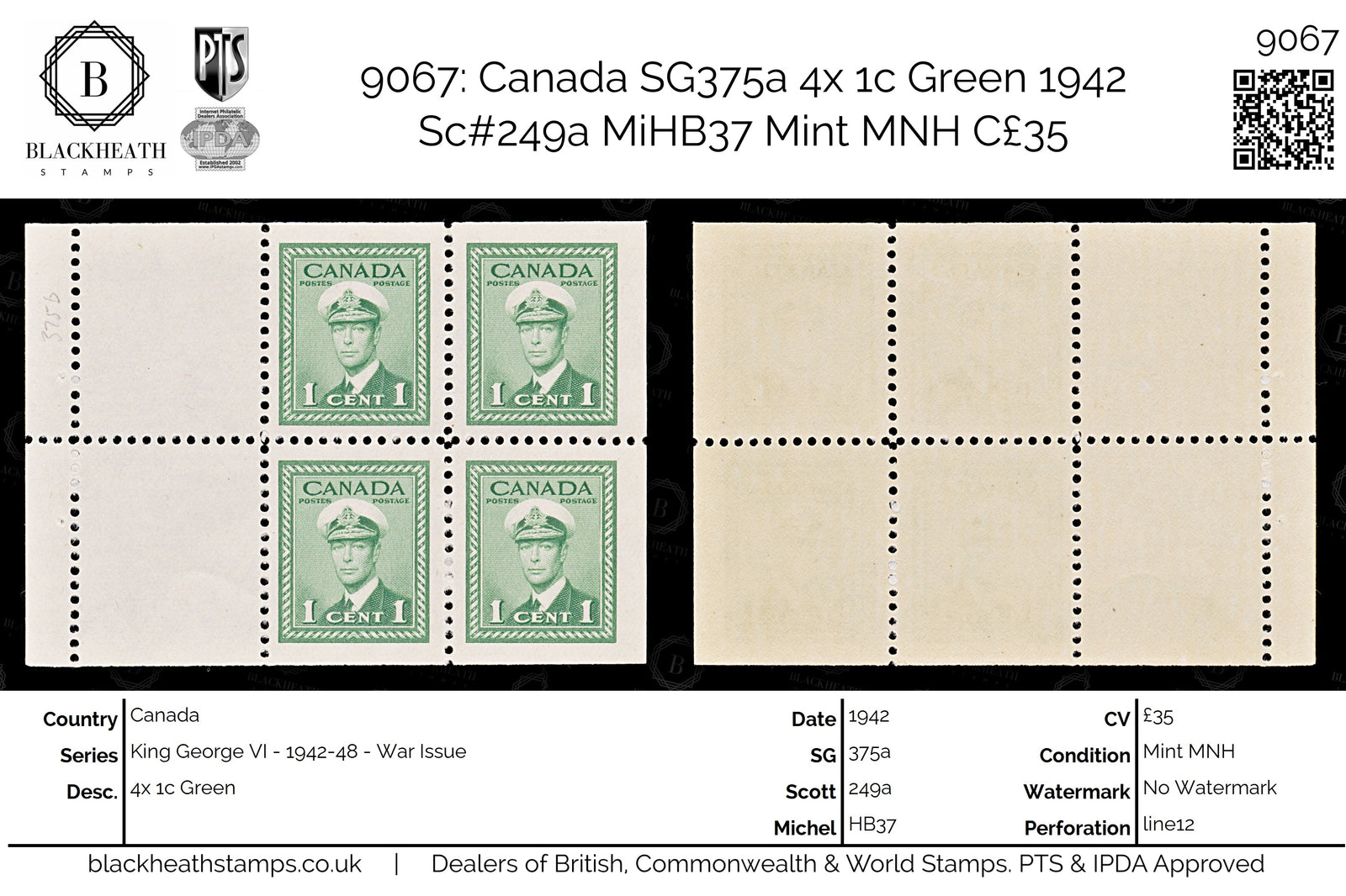 9067: Canada SG375a 4x 1c Green 1942 Sc#249a MiHB37 Mint MNH C£35