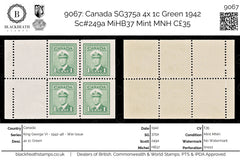 9067: Canada SG375a 4x 1c Green 1942 Sc#249a MiHB37 Mint MNH C£35, view 1
