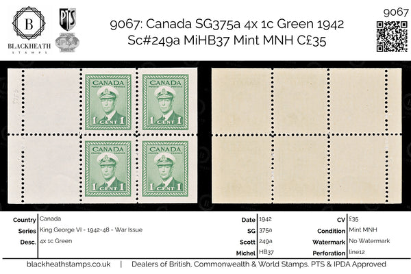 9067: Canada SG375a 4x 1c Green 1942 Sc#249a MiHB37 Mint MNH C£35