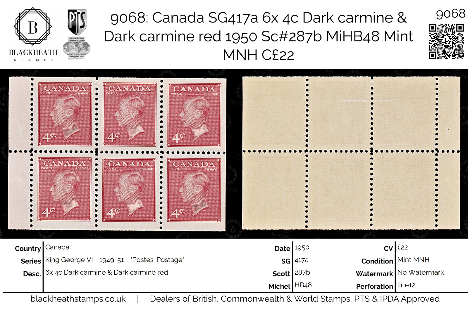 9068: Canada SG417a 6x 4c Dark carmine &  Dark carmine red 1950 Sc#287b MiHB48 Mint MNH C£22
