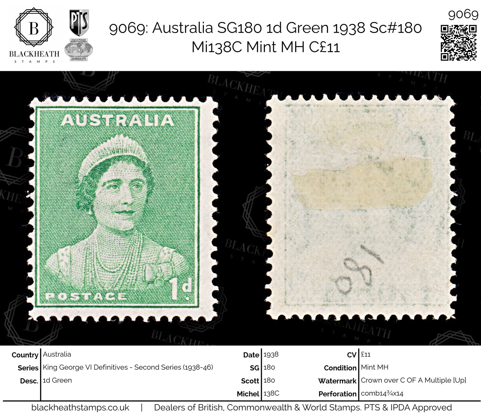 9069: Australia SG180 1d Green 1938 Sc#180 Mi138C Mint MH C£11