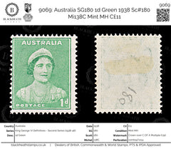9069: Australia SG180 1d Green 1938 Sc#180 Mi138C Mint MH C£11, view 1