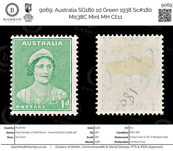 9069: Australia SG180 1d Green 1938 Sc#180 Mi138C Mint MH C£11