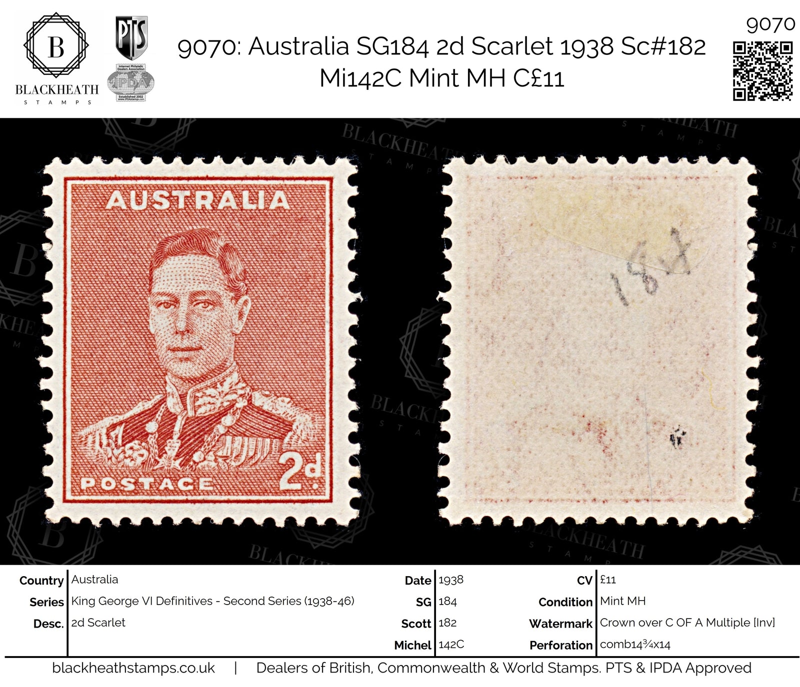 9070: Australia SG184 2d Scarlet 1938 Sc#182 Mi142C Mint MH C£11
