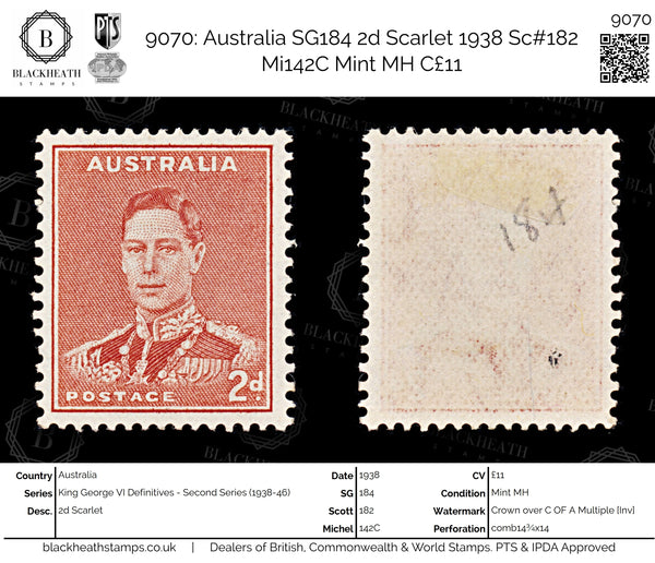 9070: Australia SG184 2d Scarlet 1938 Sc#182 Mi142C Mint MH C£11
