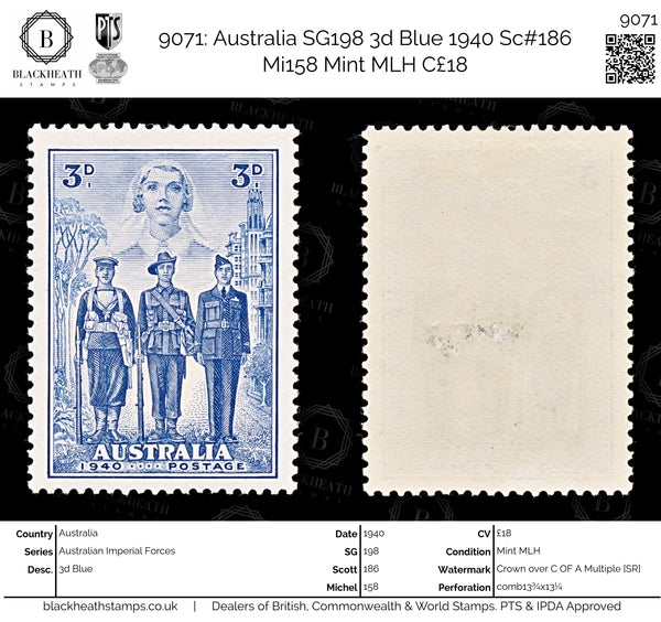 9071: Australia SG198 3d Blue 1940 Sc#186 Mi158 Mint MLH C£18