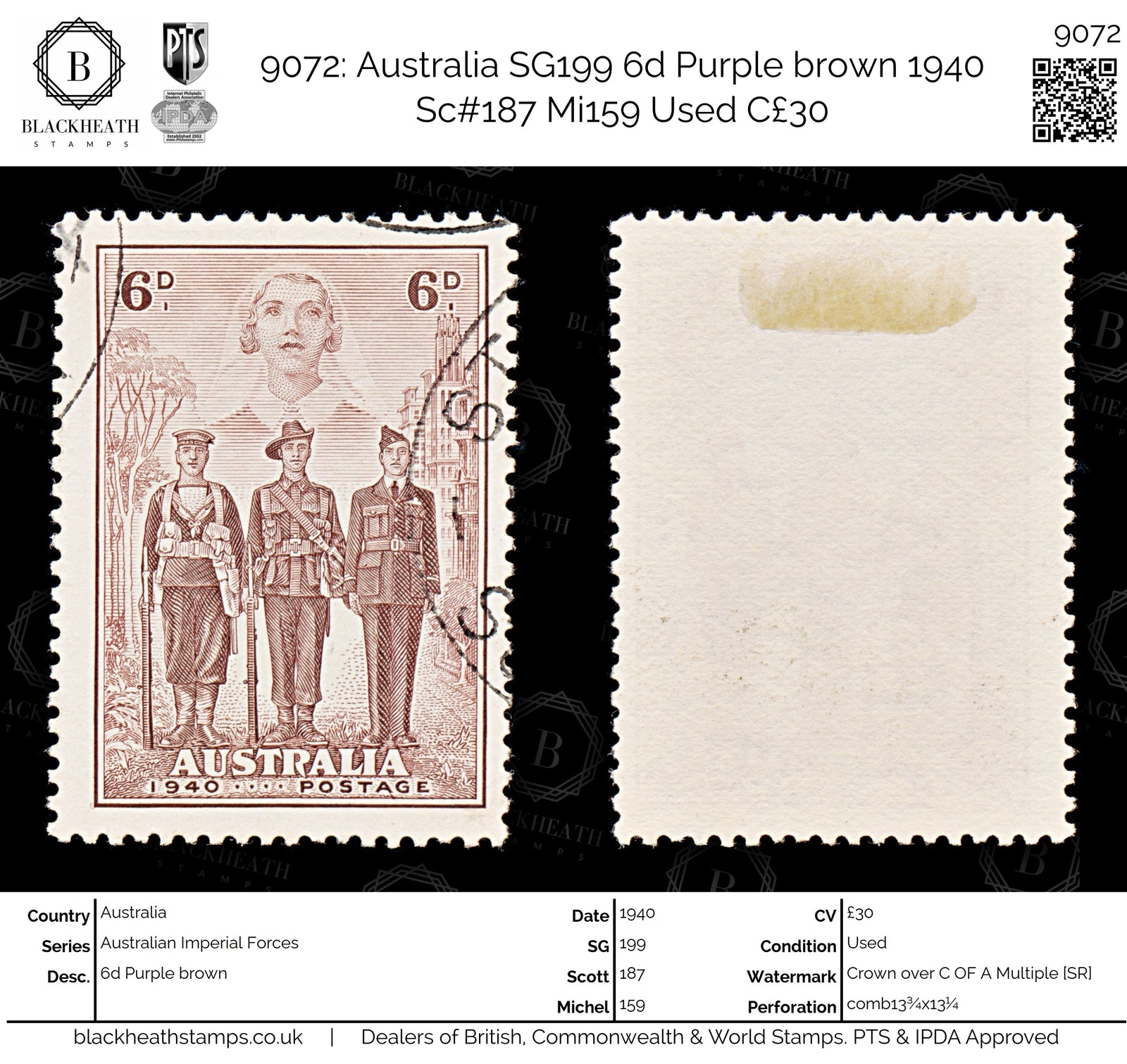 9072: Australia SG199 6d Purple brown 1940 Sc#187 Mi159 Used C£30