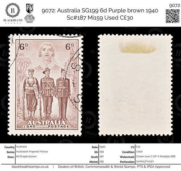 9072: Australia SG199 6d Purple brown 1940 Sc#187 Mi159 Used C£30