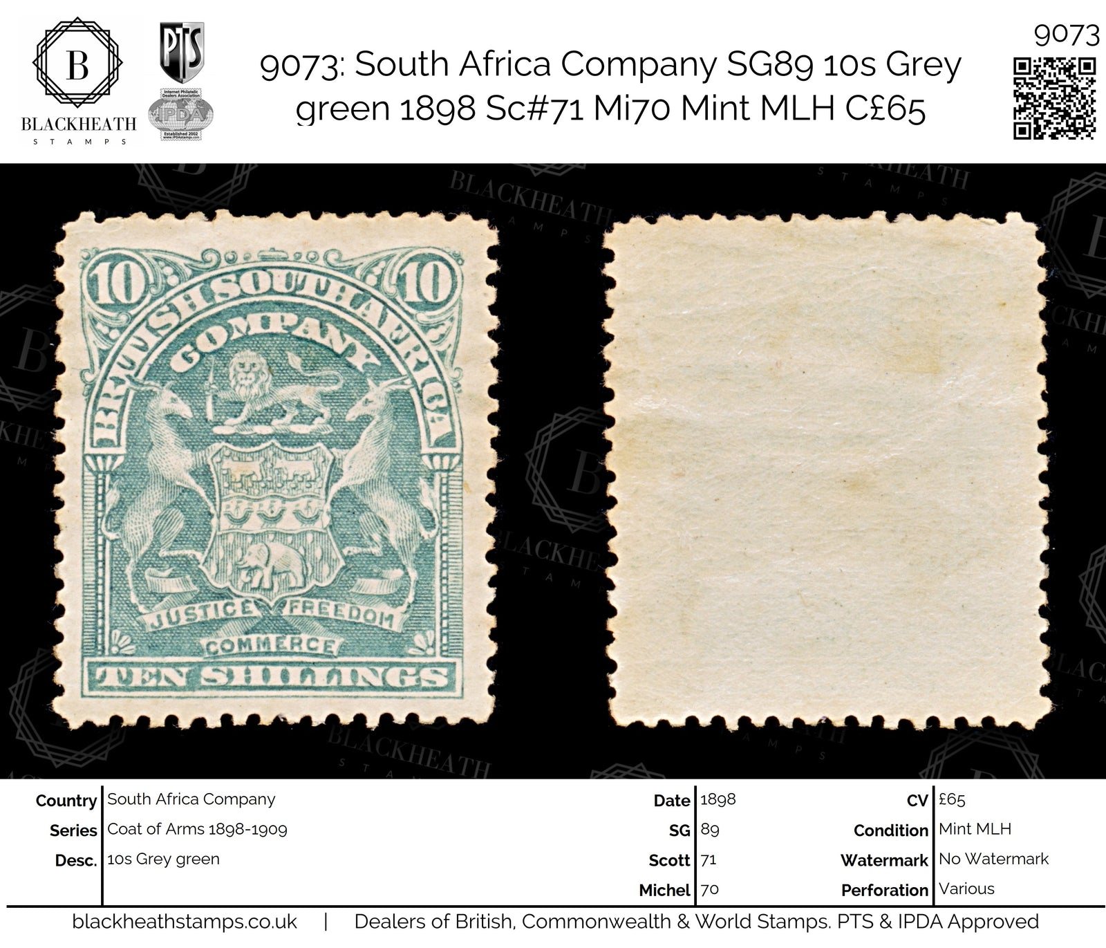 9073: South Africa Company SG89 10s Grey green 1898 Sc#71 Mi70 Mint MLH C£65