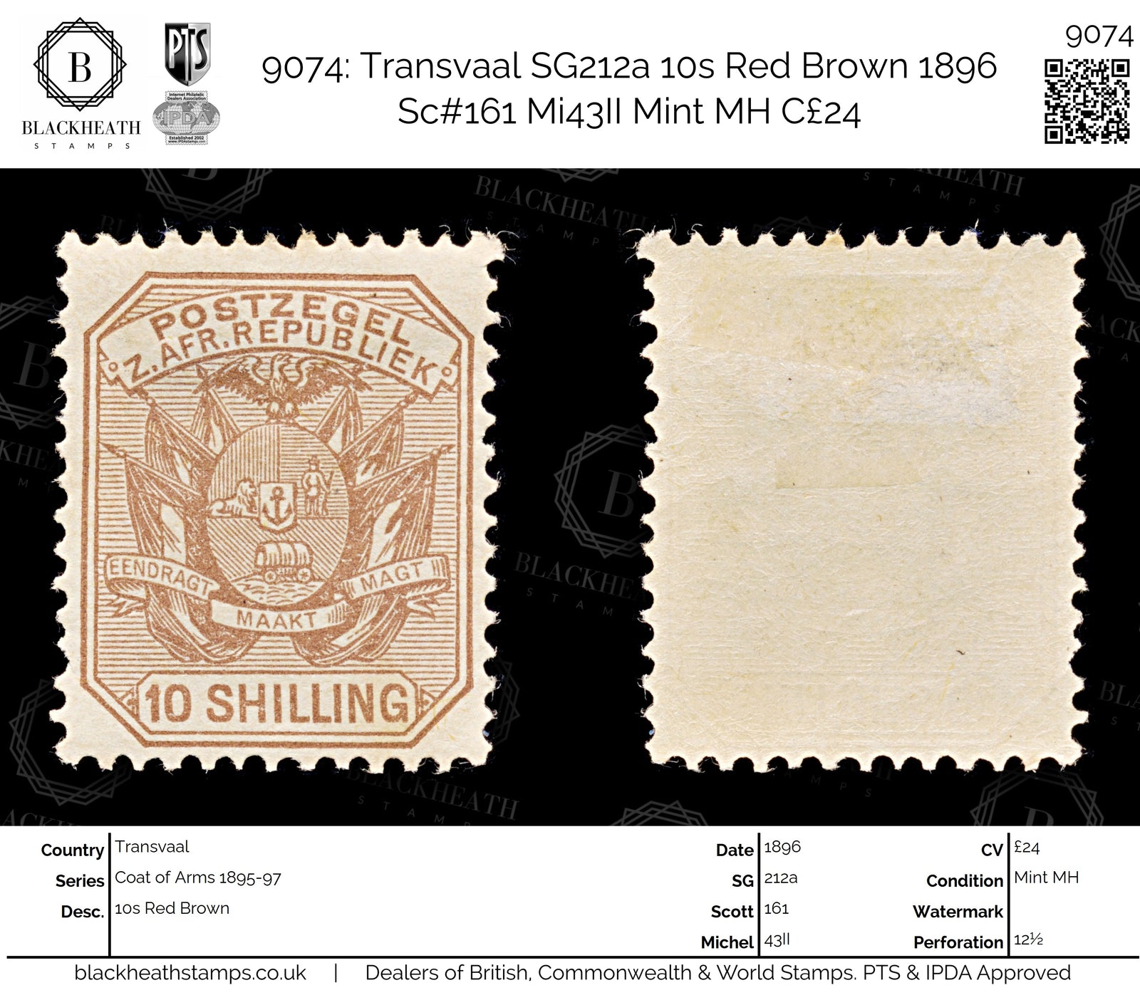 9074: Transvaal SG212a 10s Red Brown 1896 Sc#161 Mi43II Mint MH C£24