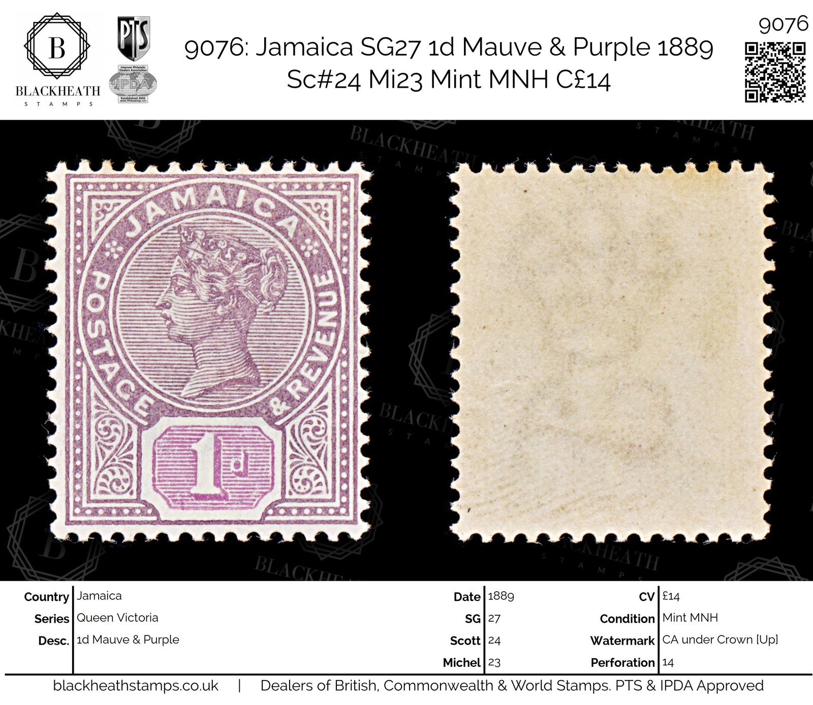 9076: Jamaica SG27 1d Mauve &  Purple 1889 Sc#24 Mi23 Mint MNH C£14