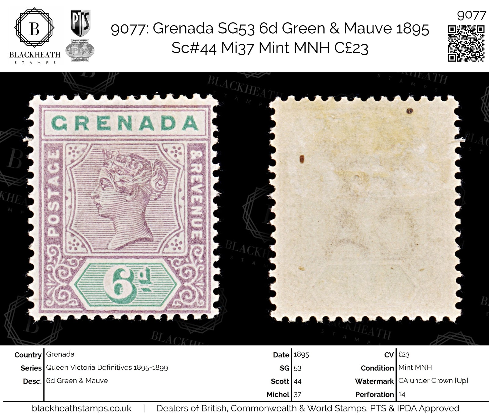 9077: Grenada SG53 6d Green &  Mauve 1895 Sc#44 Mi37 Mint MNH C£23
