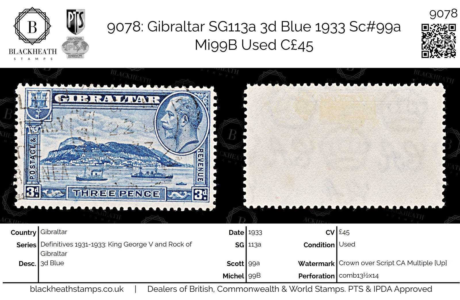 9078: Gibraltar SG113a 3d Blue 1933 Sc#99a Mi99B Used C£45