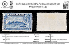 9078: Gibraltar SG113a 3d Blue 1933 Sc#99a Mi99B Used C£45, view 1