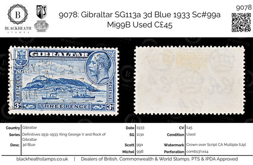 9078: Gibraltar SG113a 3d Blue 1933 Sc#99a Mi99B Used C£45