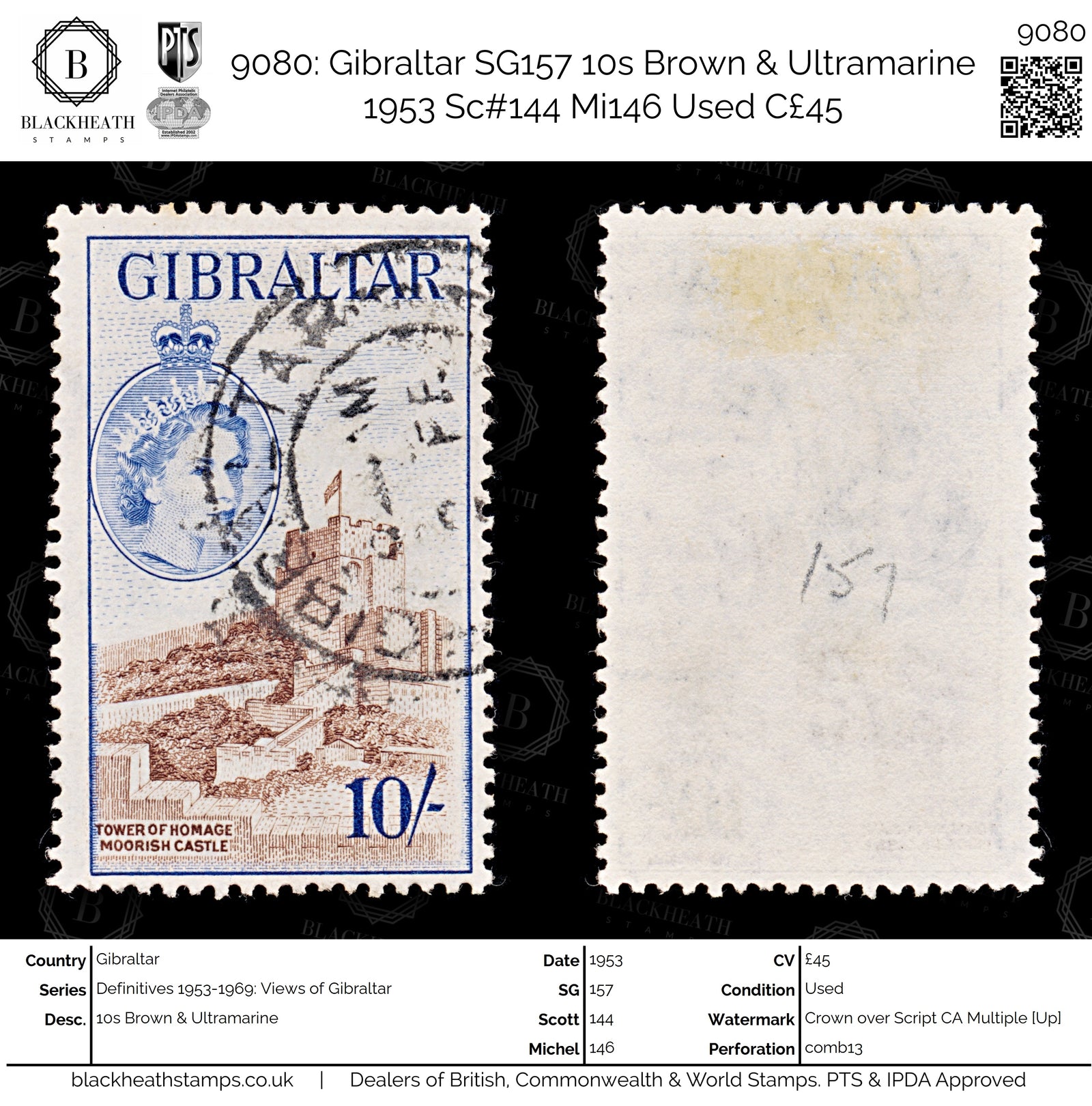 9080: Gibraltar SG157 10s Brown &  Ultramarine 1953 Sc#144 Mi146 Used C£45