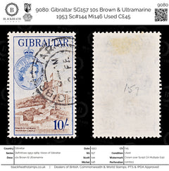 9080: Gibraltar SG157 10s Brown &  Ultramarine 1953 Sc#144 Mi146 Used C£45, view 1
