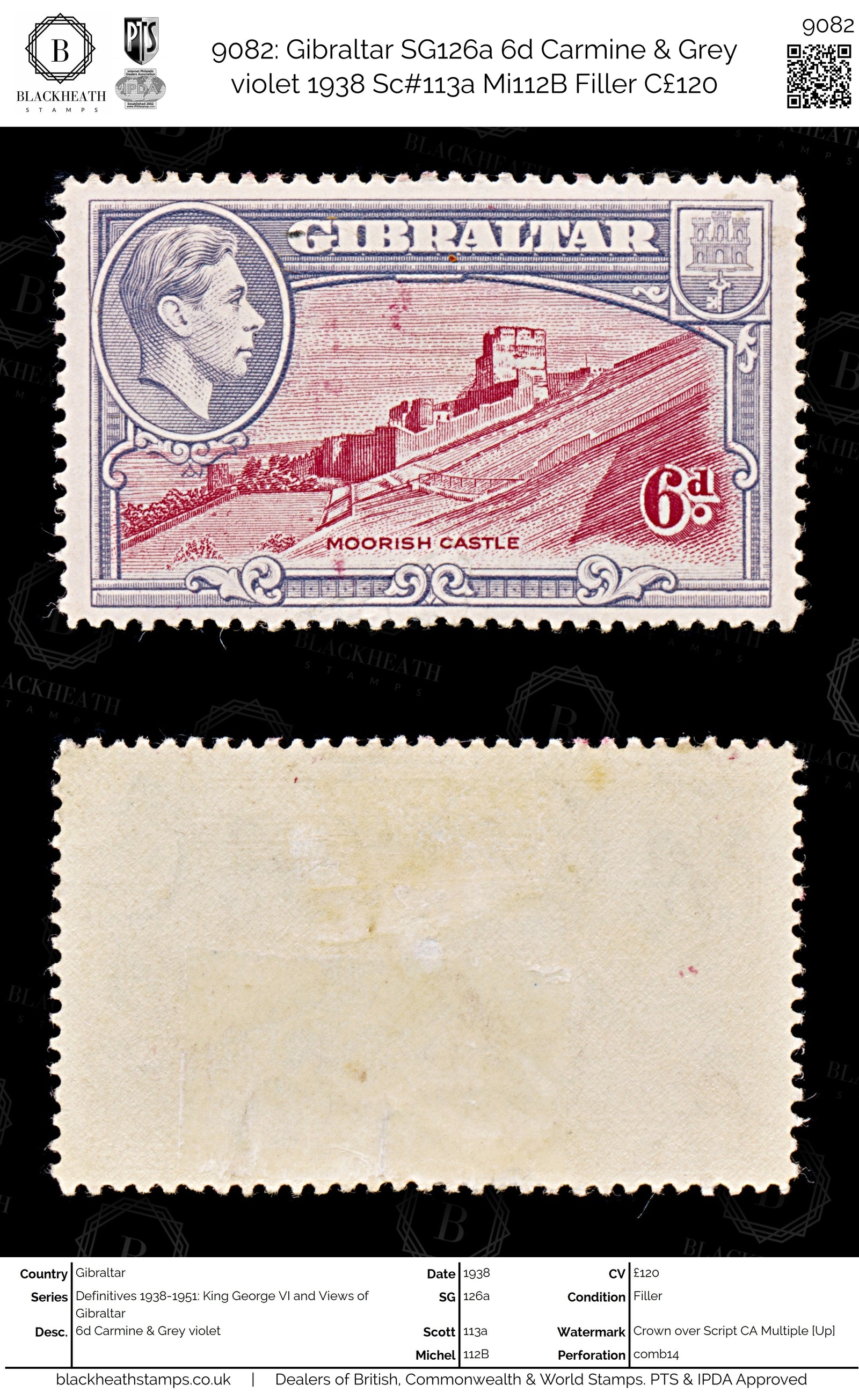 9082: Gibraltar SG126a 6d Carmine &  Grey violet 1938 Sc#113a Mi112B Filler C£120