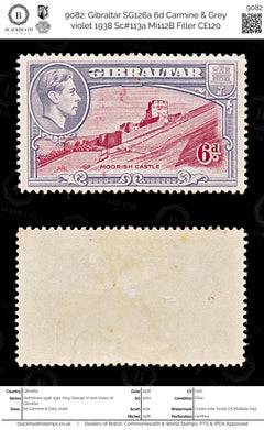 9082: Gibraltar SG126a 6d Carmine &  Grey violet 1938 Sc#113a Mi112B Filler C£120, view 1