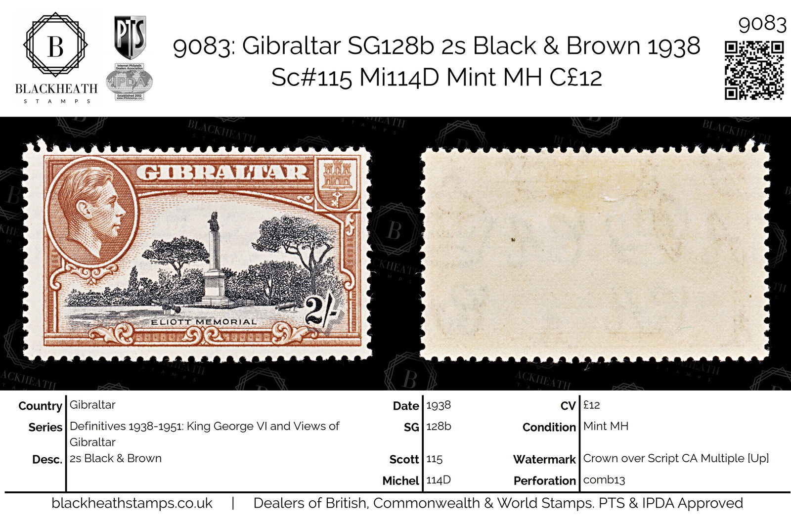 9083: Gibraltar SG128b 2s Black &  Brown 1938 Sc#115 Mi114D Mint MH C£12