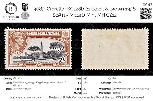 9083: Gibraltar SG128b 2s Black &  Brown 1938 Sc#115 Mi114D Mint MH C£12