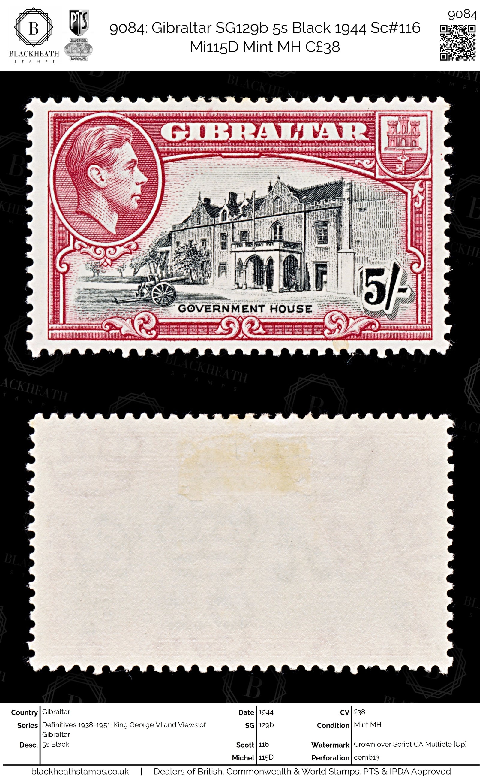 9084: Gibraltar SG129b 5s Black 1944 Sc#116 Mi115D Mint MH C£38