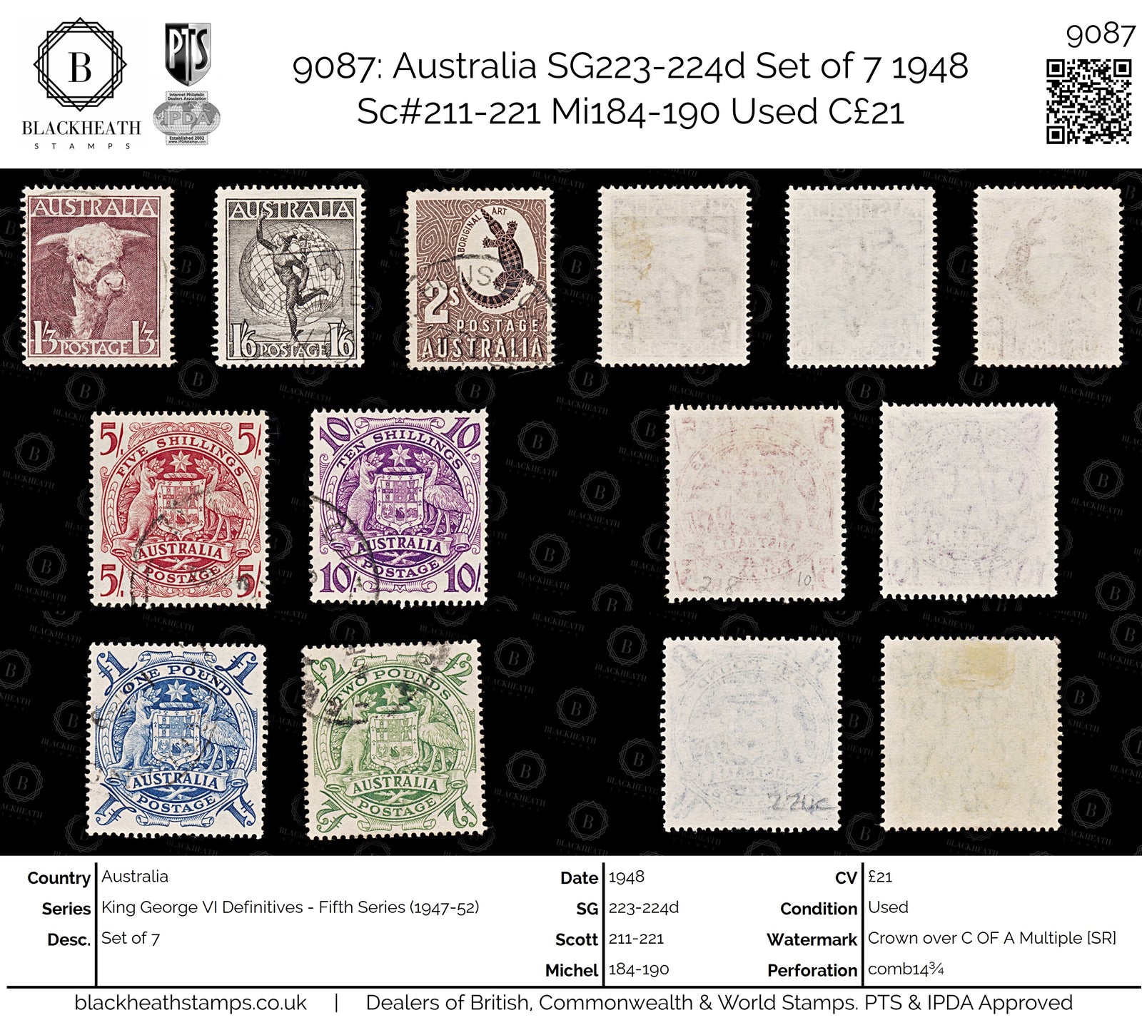 9087: Australia SG223-224d Set of 7 1948 Sc#211-221 Mi184-190 Used C£21